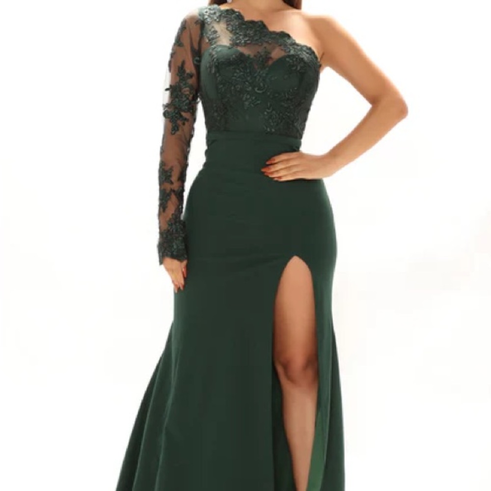 Fashion Nova Dark Green One-Shoulder Dress